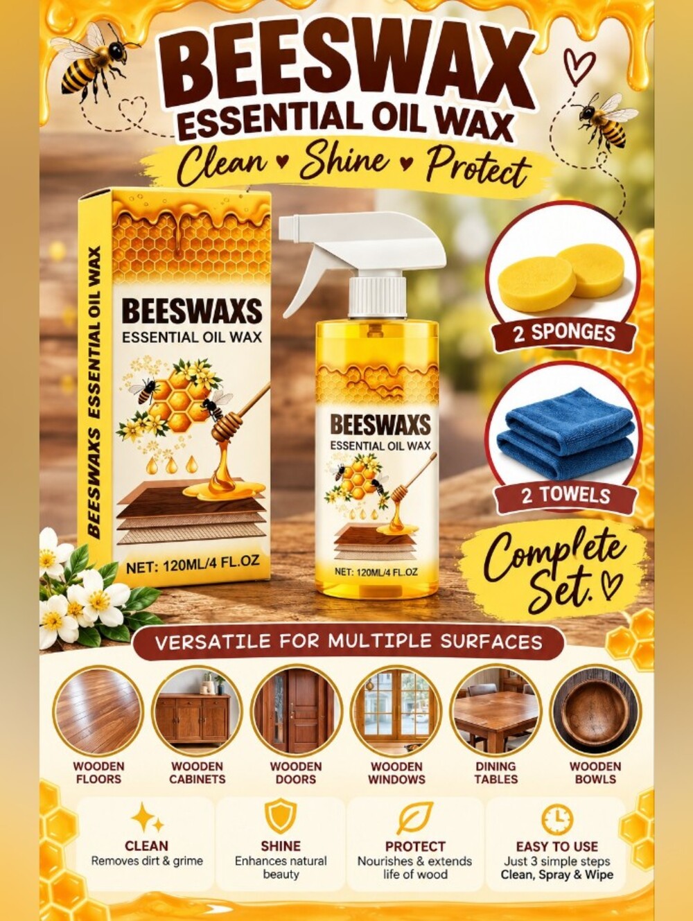 Beeswax Essential Oil Wax Wood Furniture Polish Spray 120ML Complete Care Kit